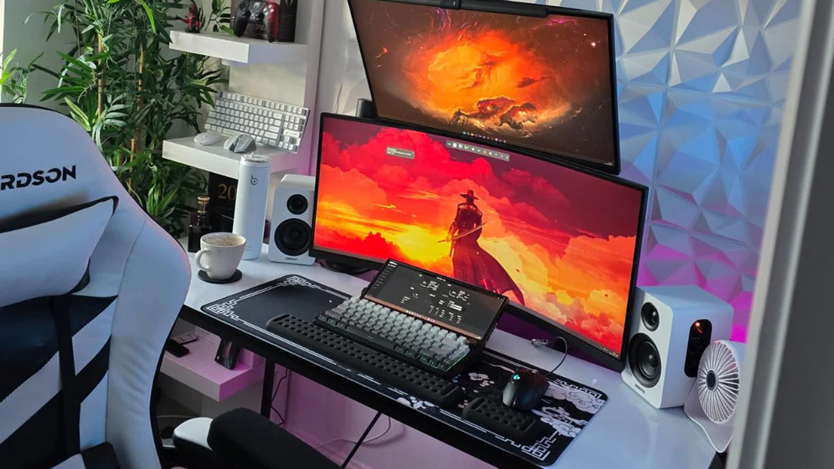 Dual monitor gaming command center showing technical monitoring widgets